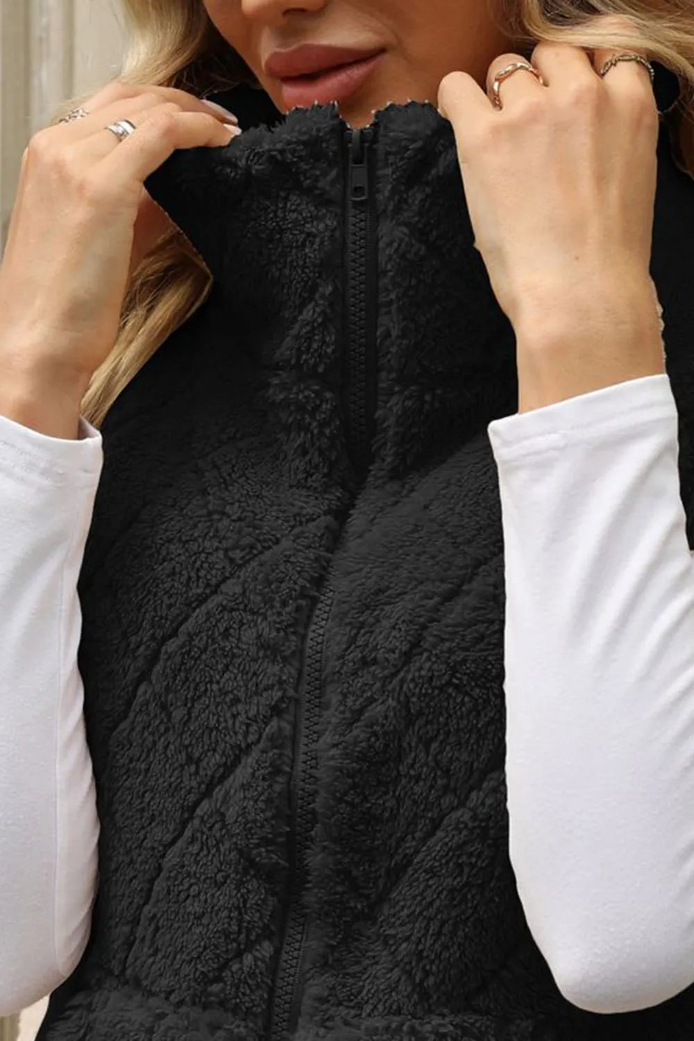Fuzzy Plaid Texture Zip Up Vest Coat (10)