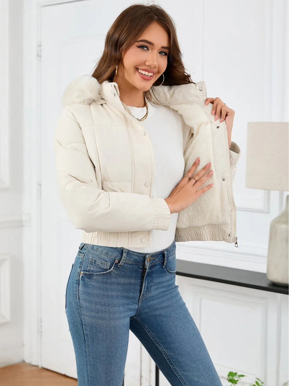 Pocketed Long Sleeve Cropped Hooded Winter Coat (8)