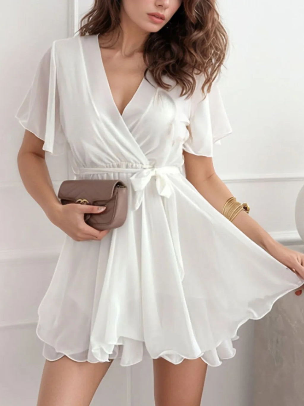 Surplice Flutter Sleeve Mini Dress