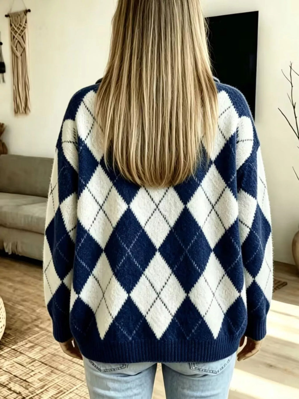Argyle Pattern Collared Pullover Sweater (8)