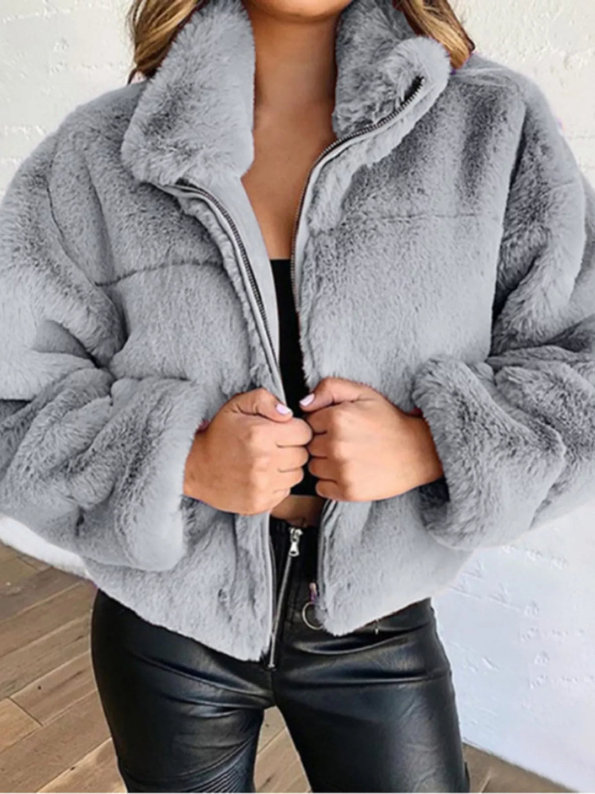 Full Size Faux Fur Cropped Zip-up Jacket Plus (16)