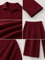 Polo Collar Top Wide-leg Pants Set (45)