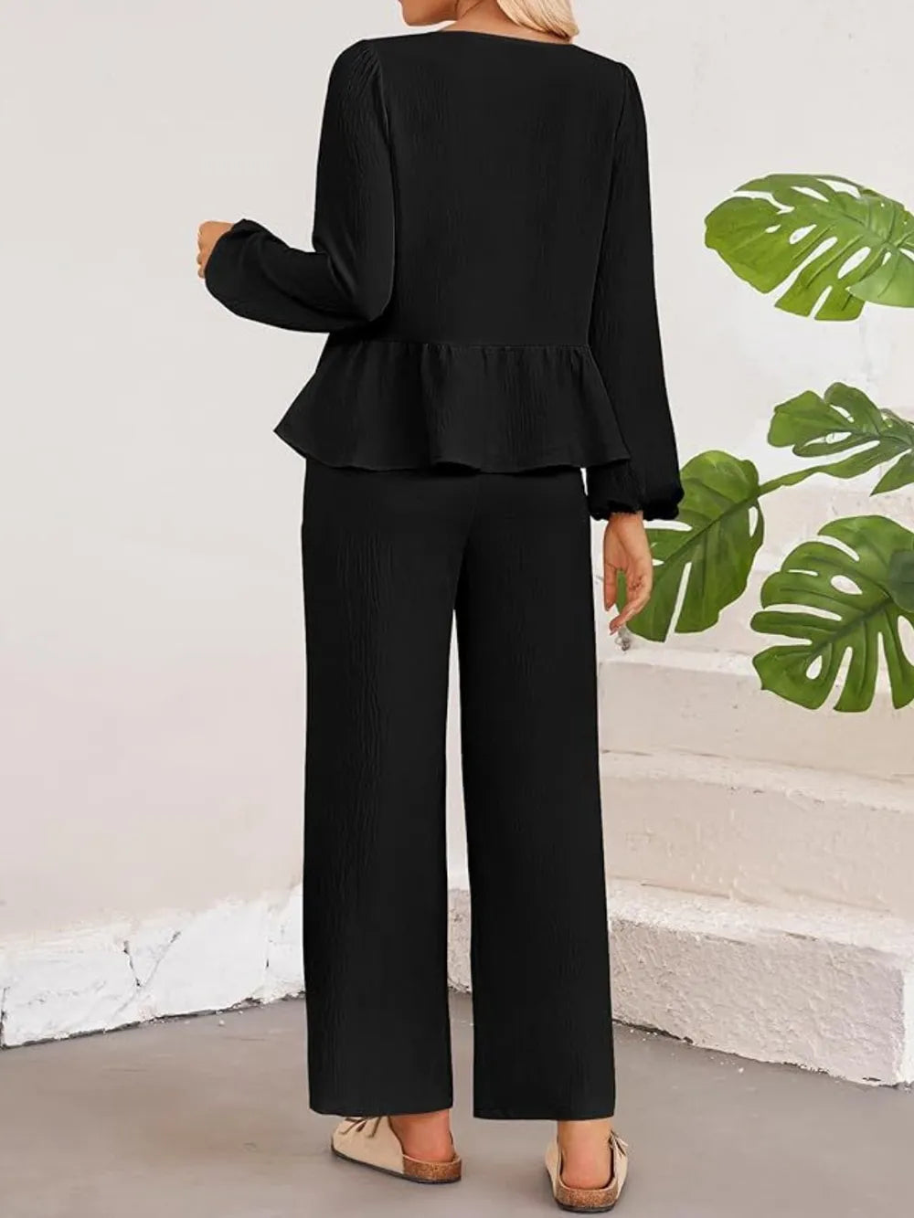 Tie Neck Balloon Sleeve Top Pants Set (11)