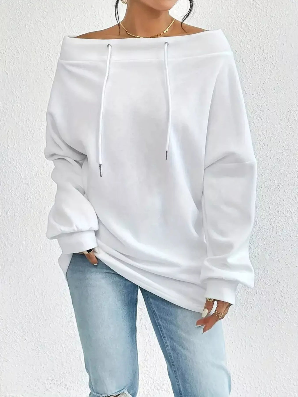 Off-shoulder Drawstring Sweatshirt (4)