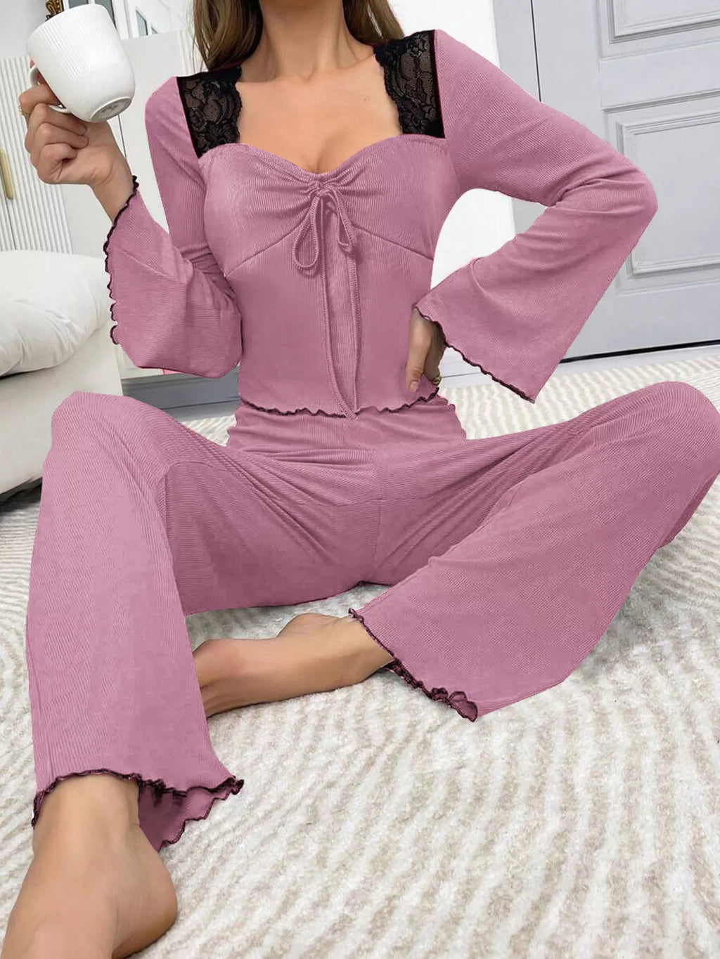 Lace Detail Flare Sleeves Top Pants Lounge Set (2)