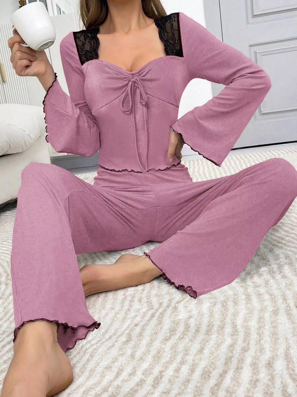 Lace Detail Flare Sleeves Top Pants Lounge Set (2)
