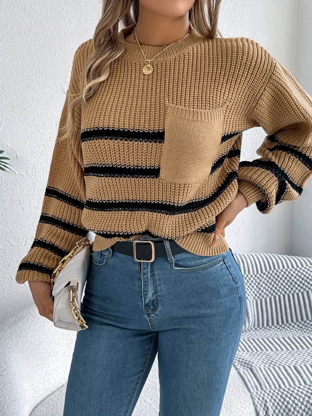Striped Round Neck Long Sleeve Sweater (18)