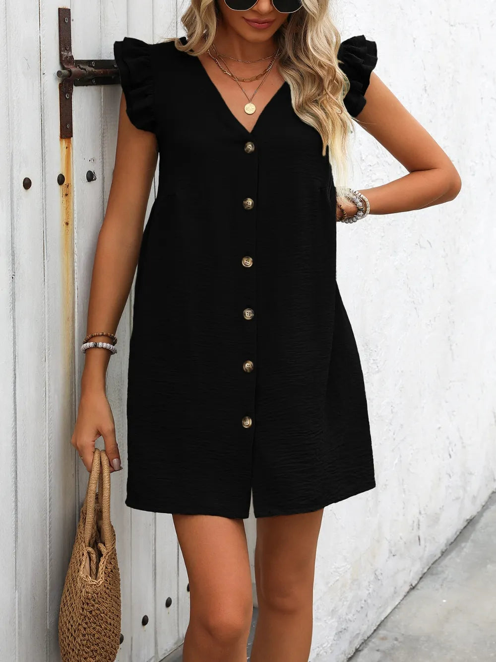 Button Up V-neck Cap Sleeve Mini Dress (9)