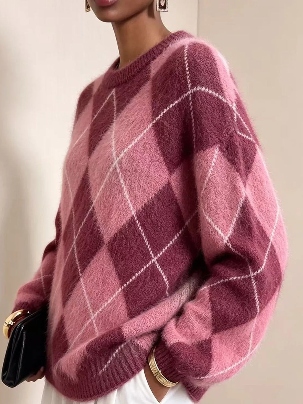 Argyle Pattern Fuzzy Knit Sweater (10)