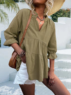Ruffled Notched Three-quarter Sleeve Blouse (11)