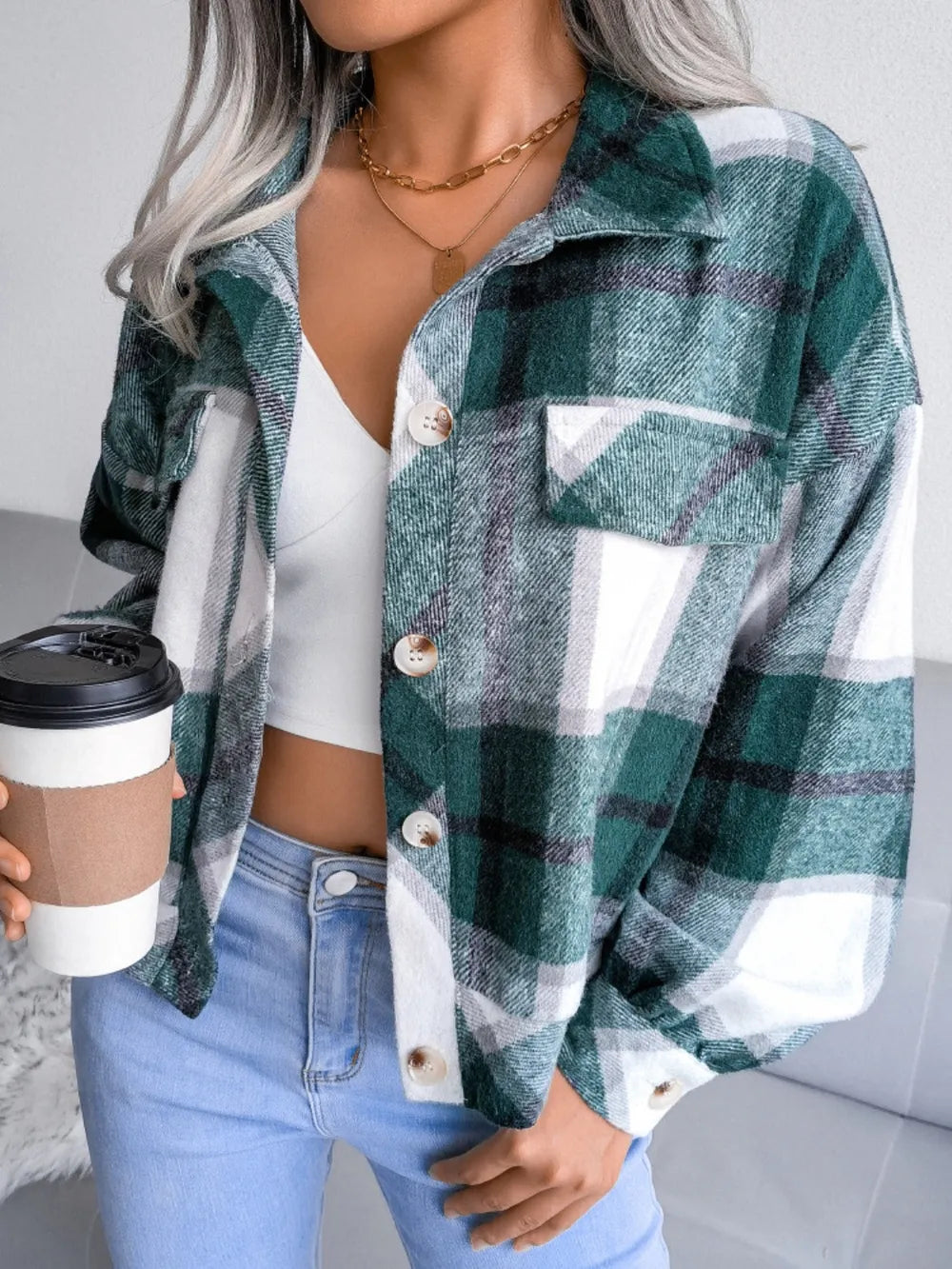 Plaid Collared Neck Long Sleeve Jacket (14)