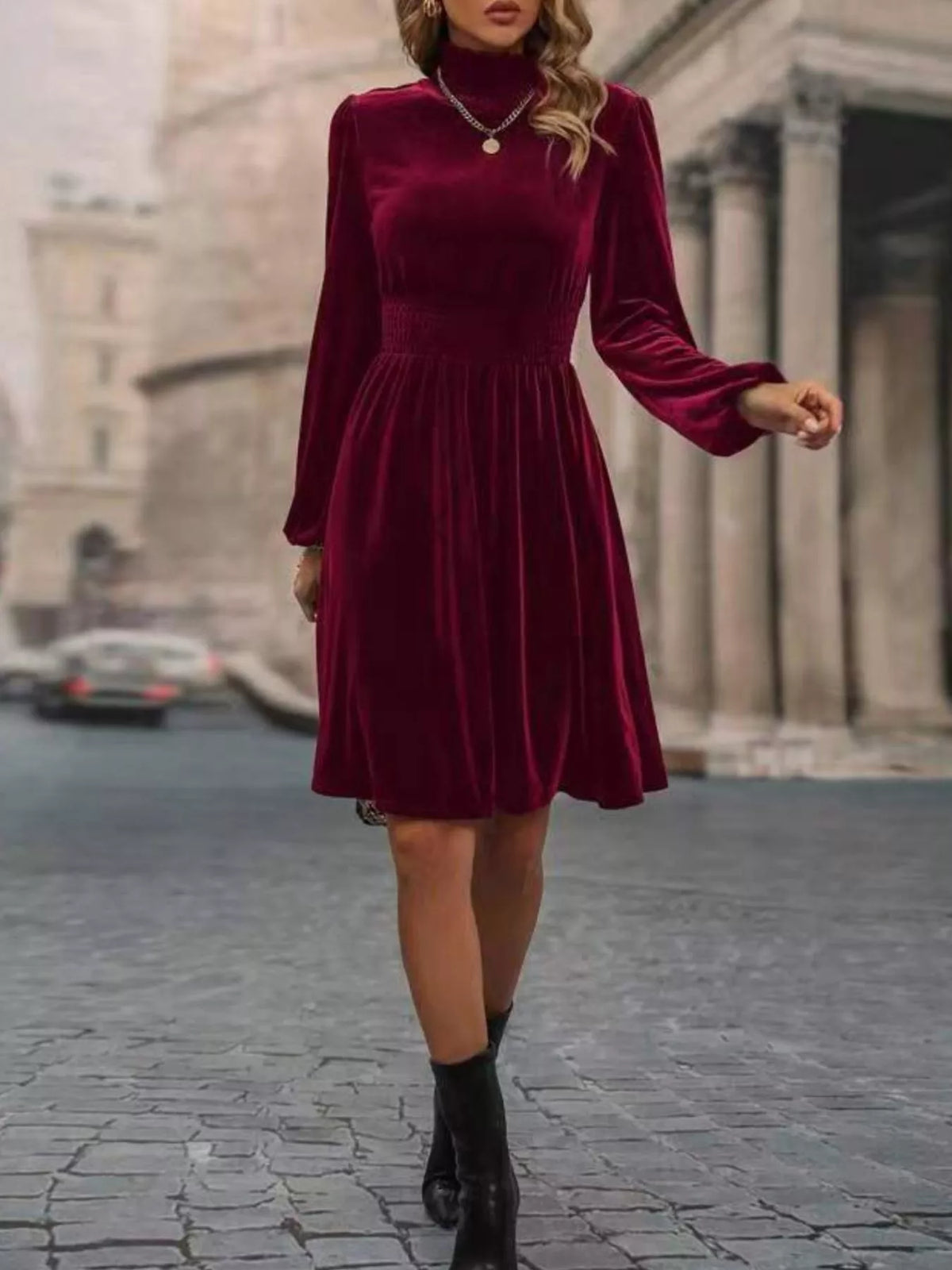 Velvet High Neck Long Sleeve A-line Dress (3)