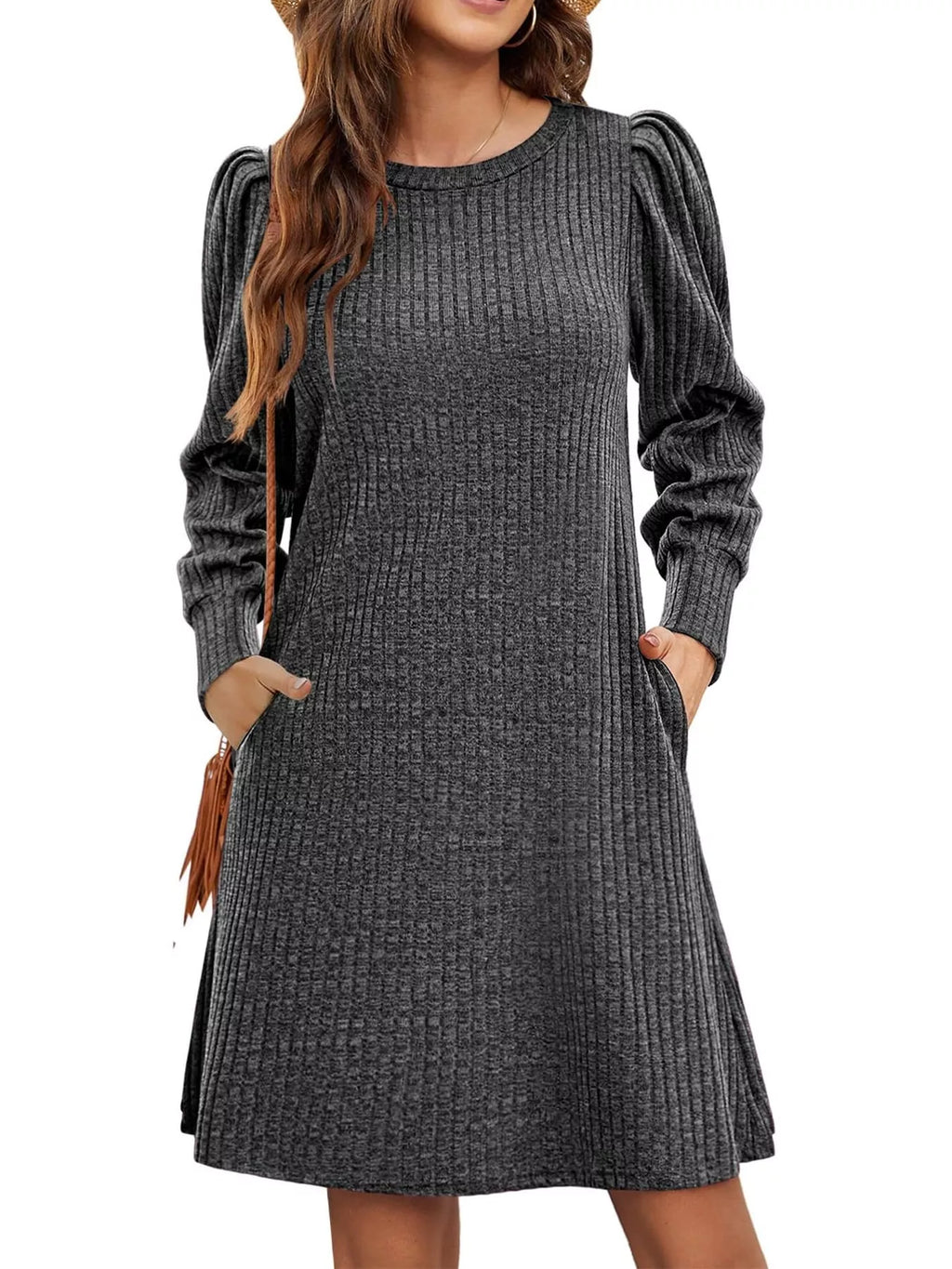 Puff Sleeve Ribbed Knit Dress Pockets