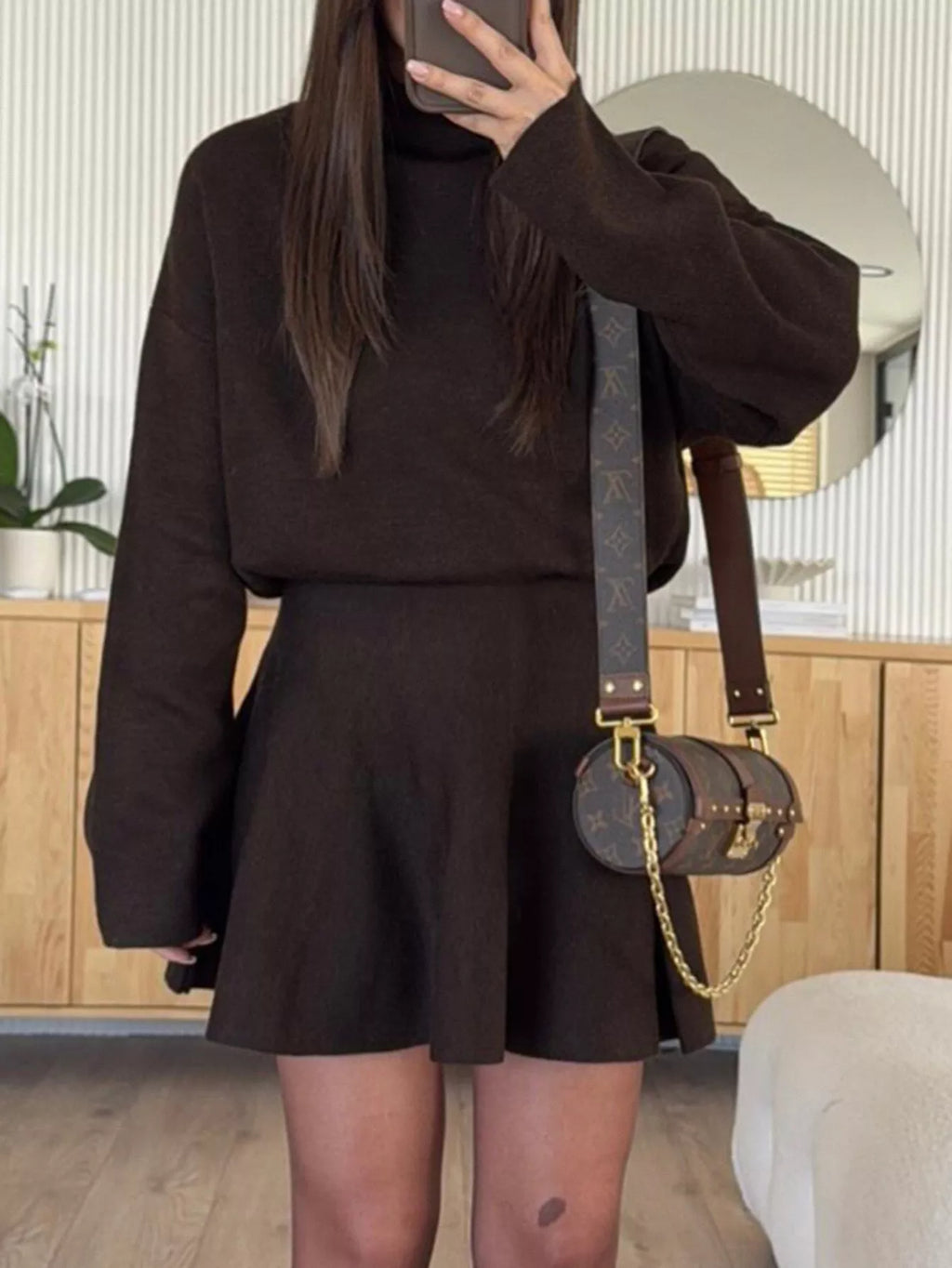 Turtleneck Dropped Shoulder Sweater Skirt Set (13)