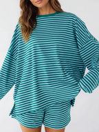 Casual Striped Long Sleeve Top Shorts Set (3)