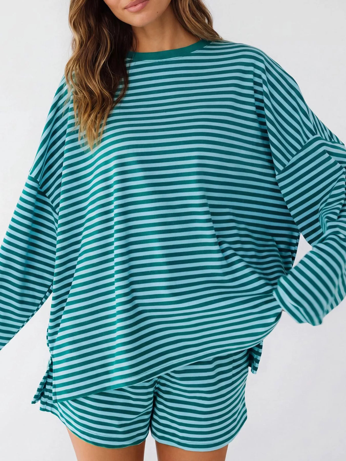 Casual Striped Long Sleeve Top Shorts Set (3)