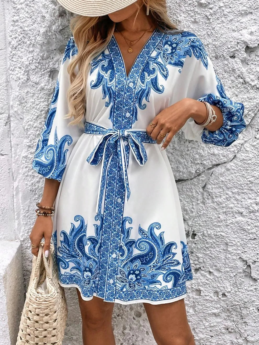 Paisley V-neck 3/4 Sleeve Mini Dress (5)
