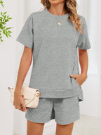 Round Neck Short Sleeve T-shirt Shorts Set (2)