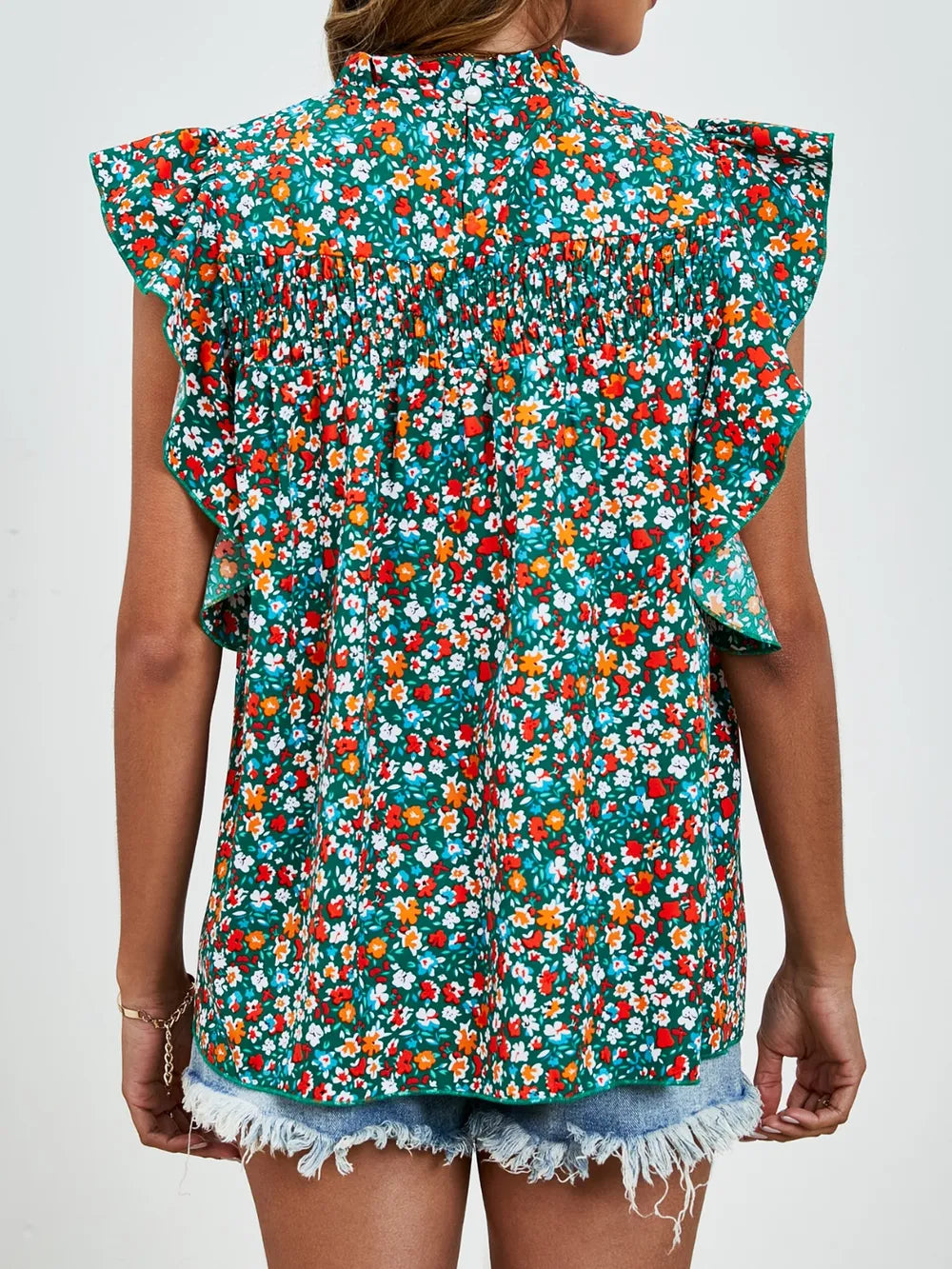 Ruffled Ditsy Floral Mock Neck Cap Sleeve Blouse (23)