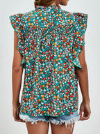 Ruffled Ditsy Floral Mock Neck Cap Sleeve Blouse (23)