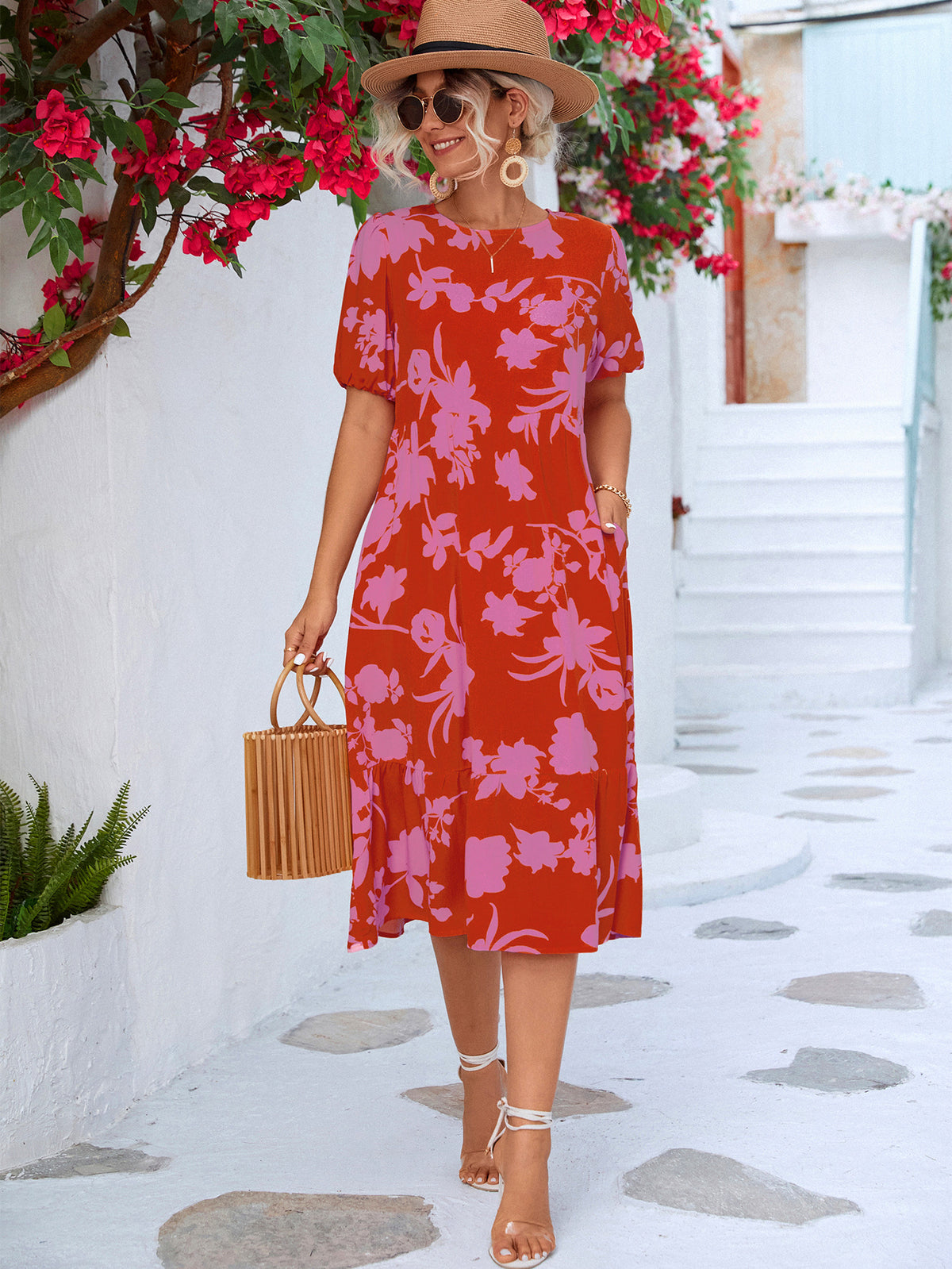 Floral Puff Sleeve Ruffle Hem Midi Dress (8)