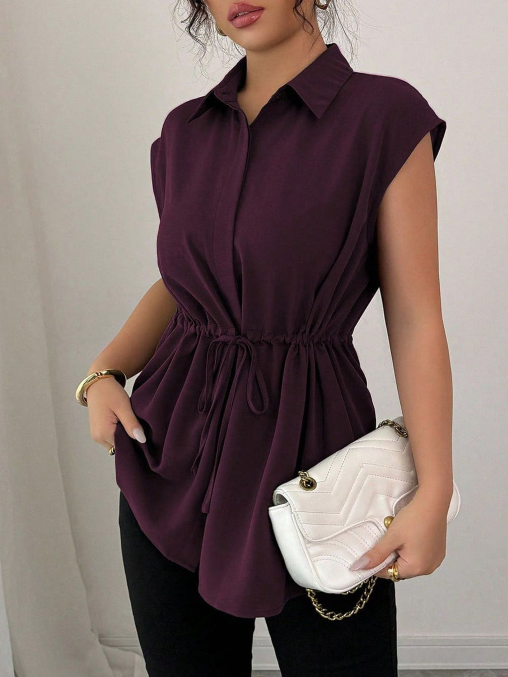 Drawstring Waist Cap Sleeve Shirt (19)