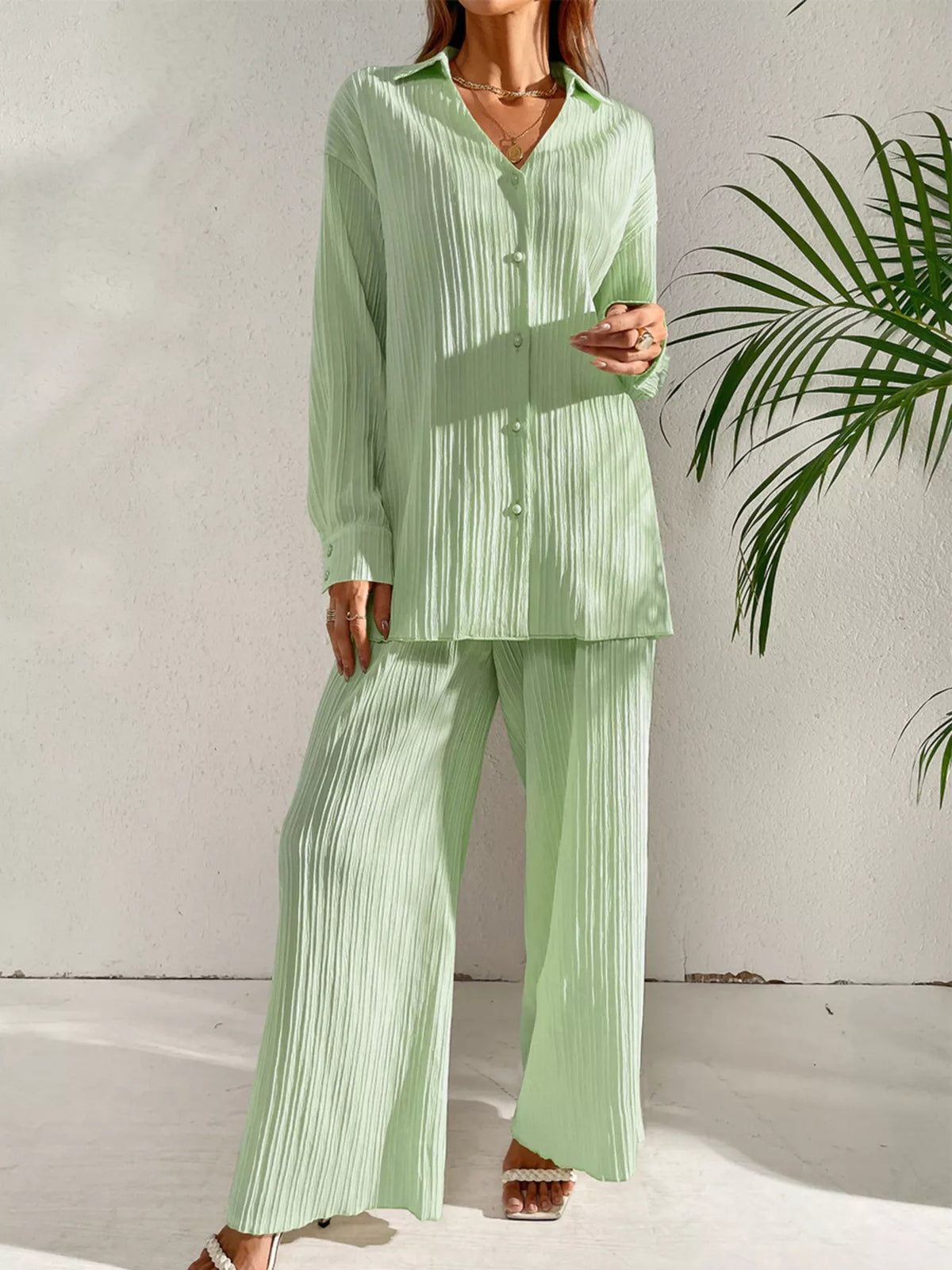 Long Sleeve Shirt Wide Leg Pants Set (8)