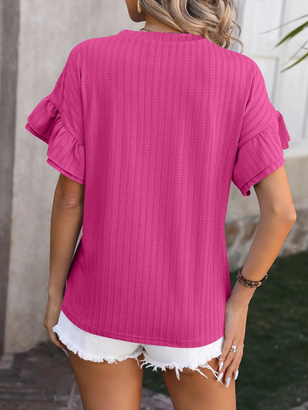 Ruffled Round Neck Short Sleeve Blouse (2)
