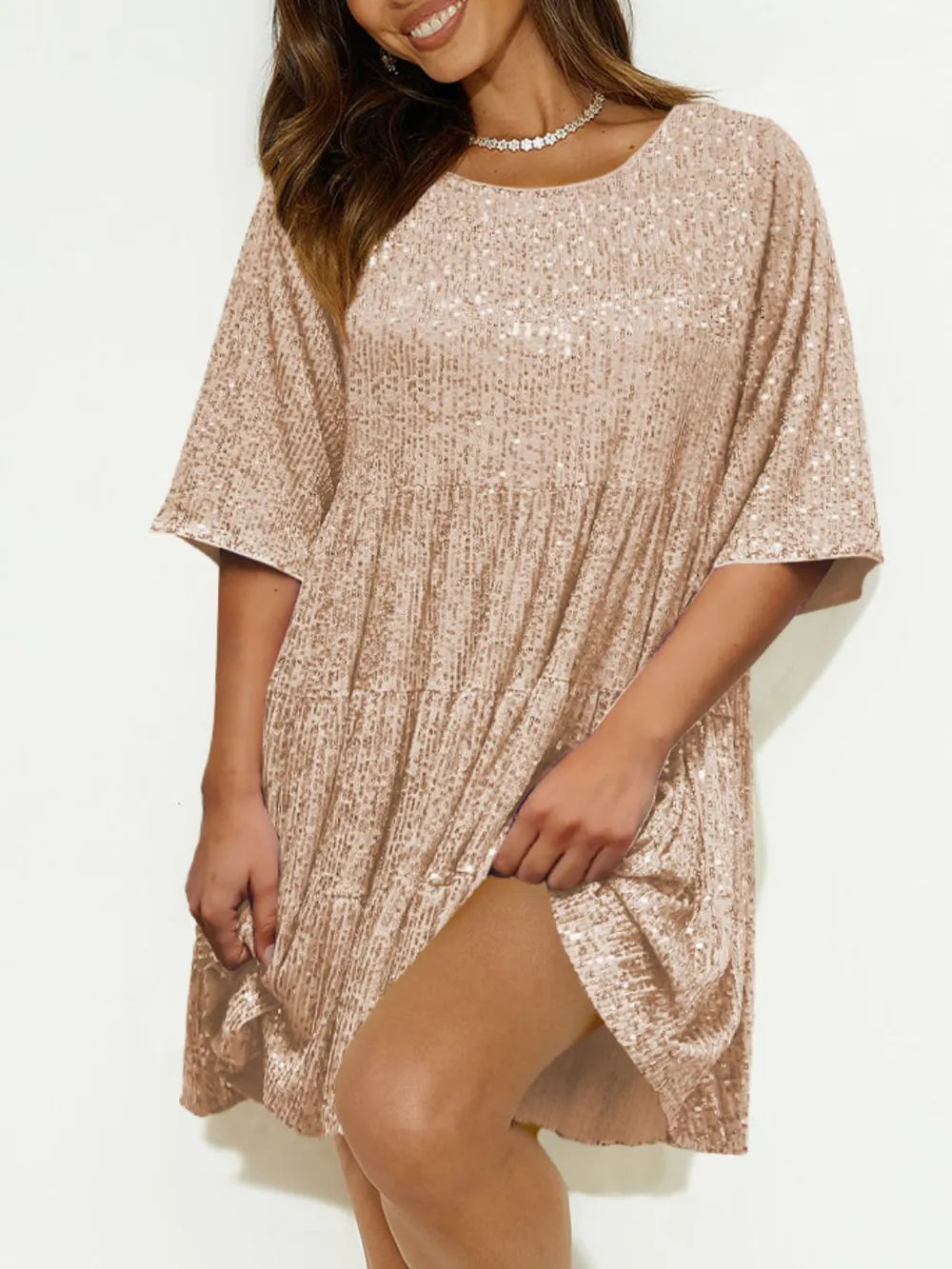 Sequin Round Neck Half Sleeve Mini Dress (29)