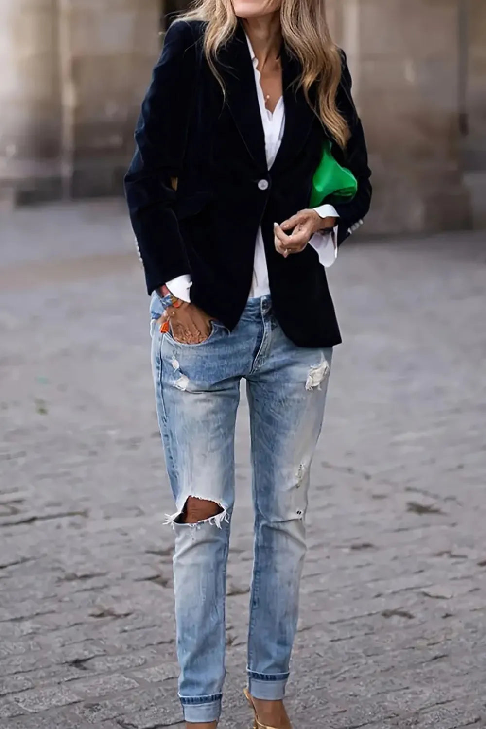 One Button Lapel Collar Long Sleeve Blazer (10)