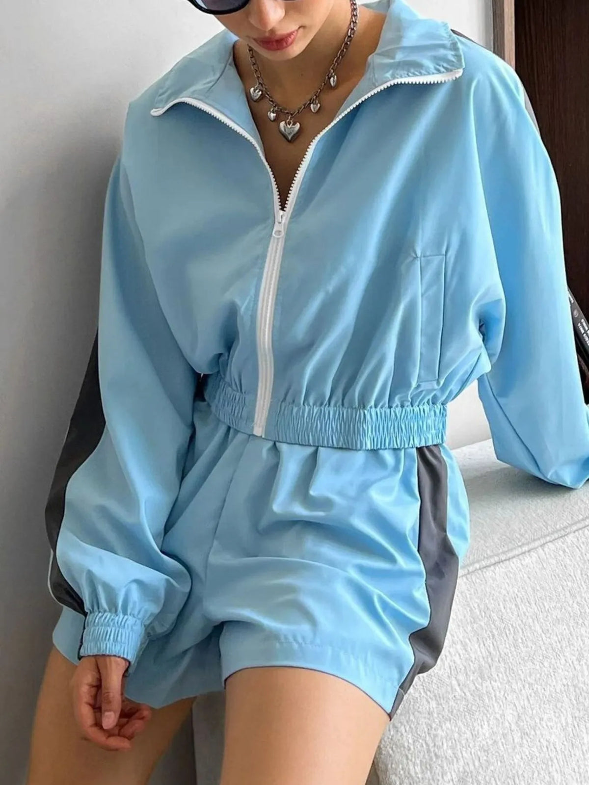 Zip Up Long Sleeve Jacket Shorts Set (3)