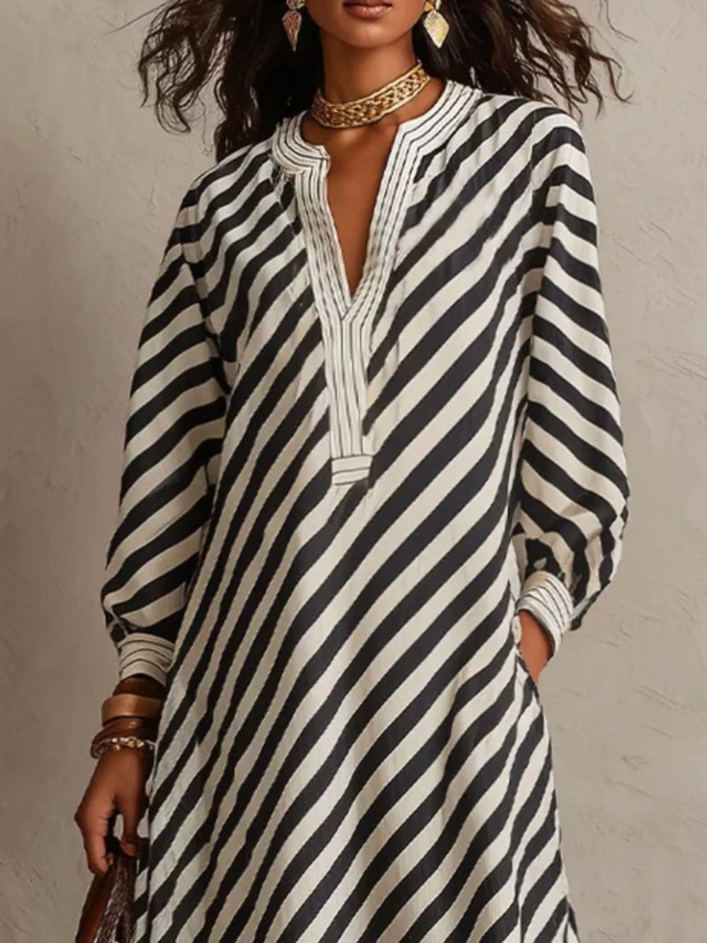 Striped Long Sleeves Maxi Dress (2)