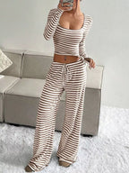 Striped Long Sleeve Crop Top Wide Leg Pants Set (3)