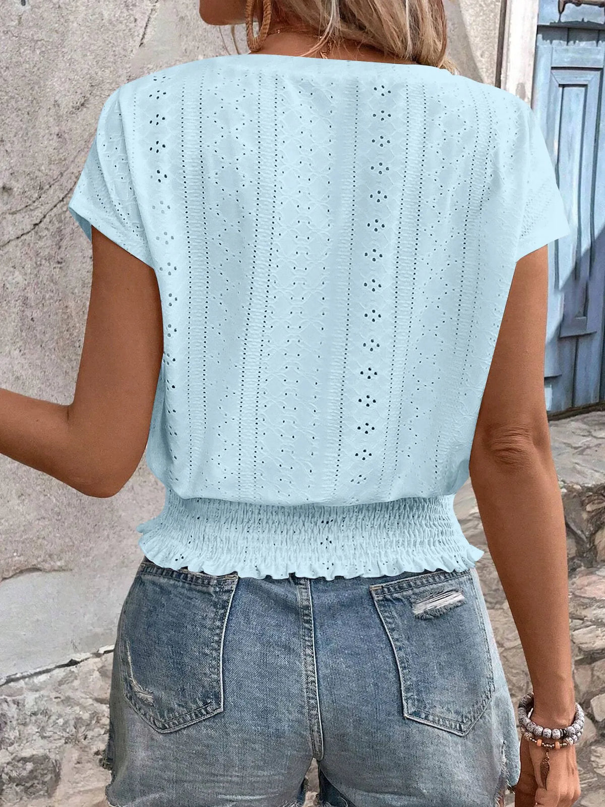 Eyelet V-neck Short Sleeve Blouse (12)