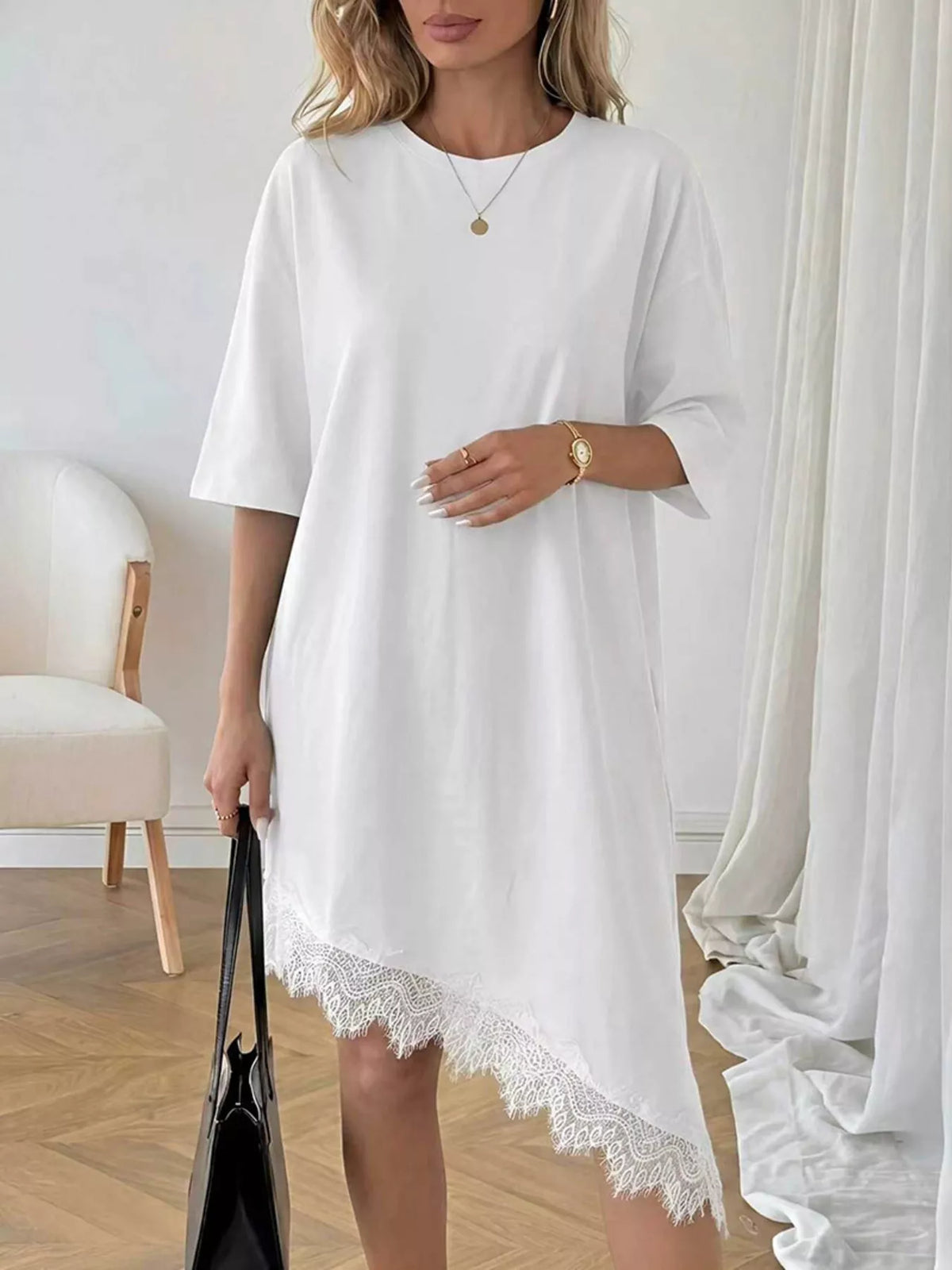Lace Trim Asymmetrical Hem T-shirt Dress (3)