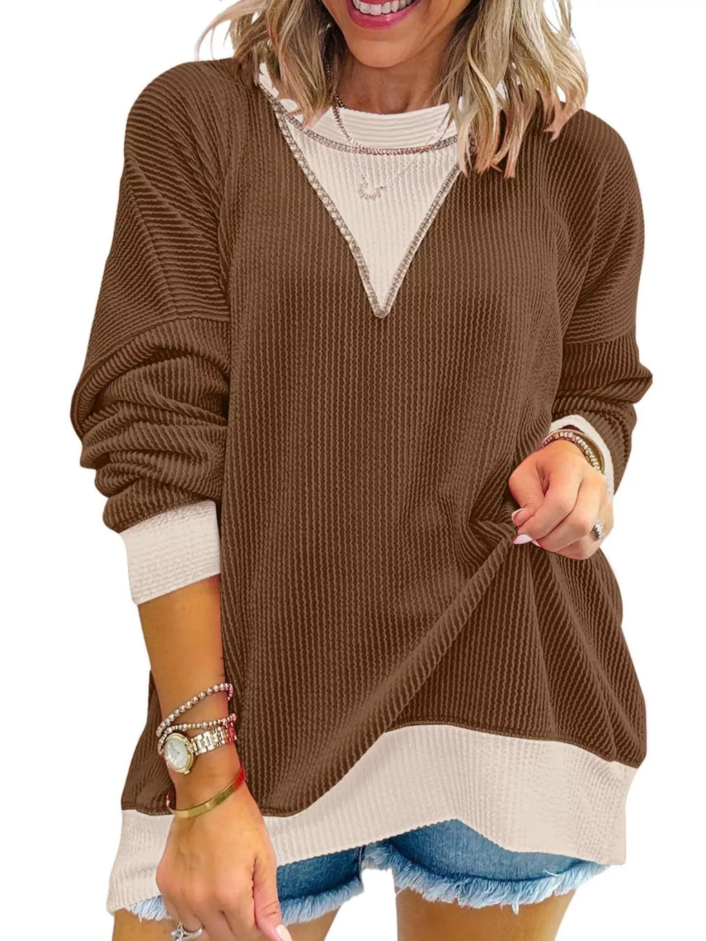 Two-tone Ribbed Knit Sweatshirt (13)