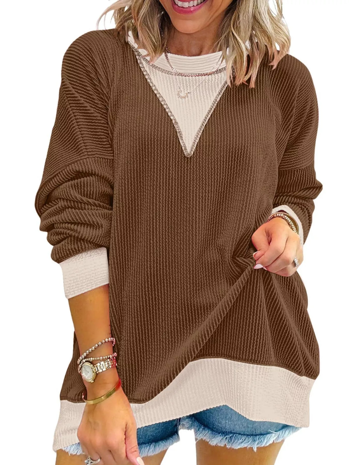 Two-tone Ribbed Knit Sweatshirt (13)