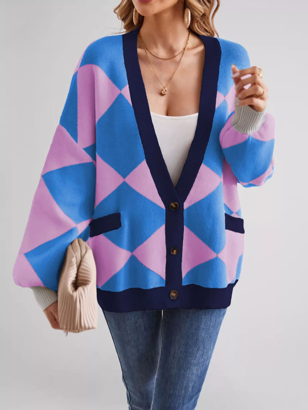 Diamond Pattern Button-up Knit Cardigan (10)