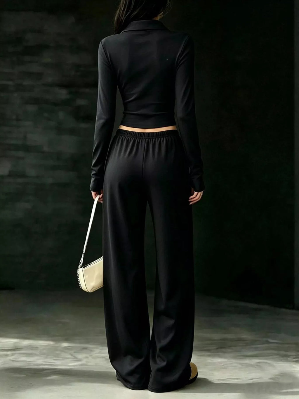 Solid Color Long Sleeve Polo Collar Top Wide Leg Pants Set (10)