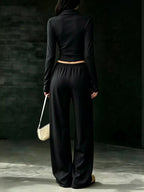 Solid Color Long Sleeve Polo Collar Top Wide Leg Pants Set (10)