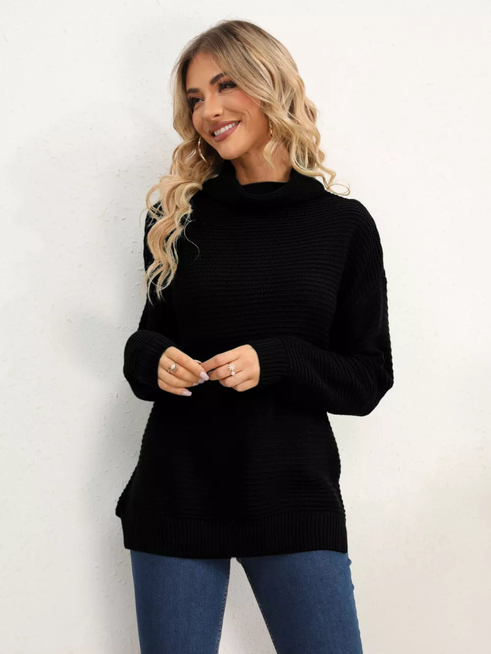 Slit Turtleneck Dropped Shoulder Sweater (36)