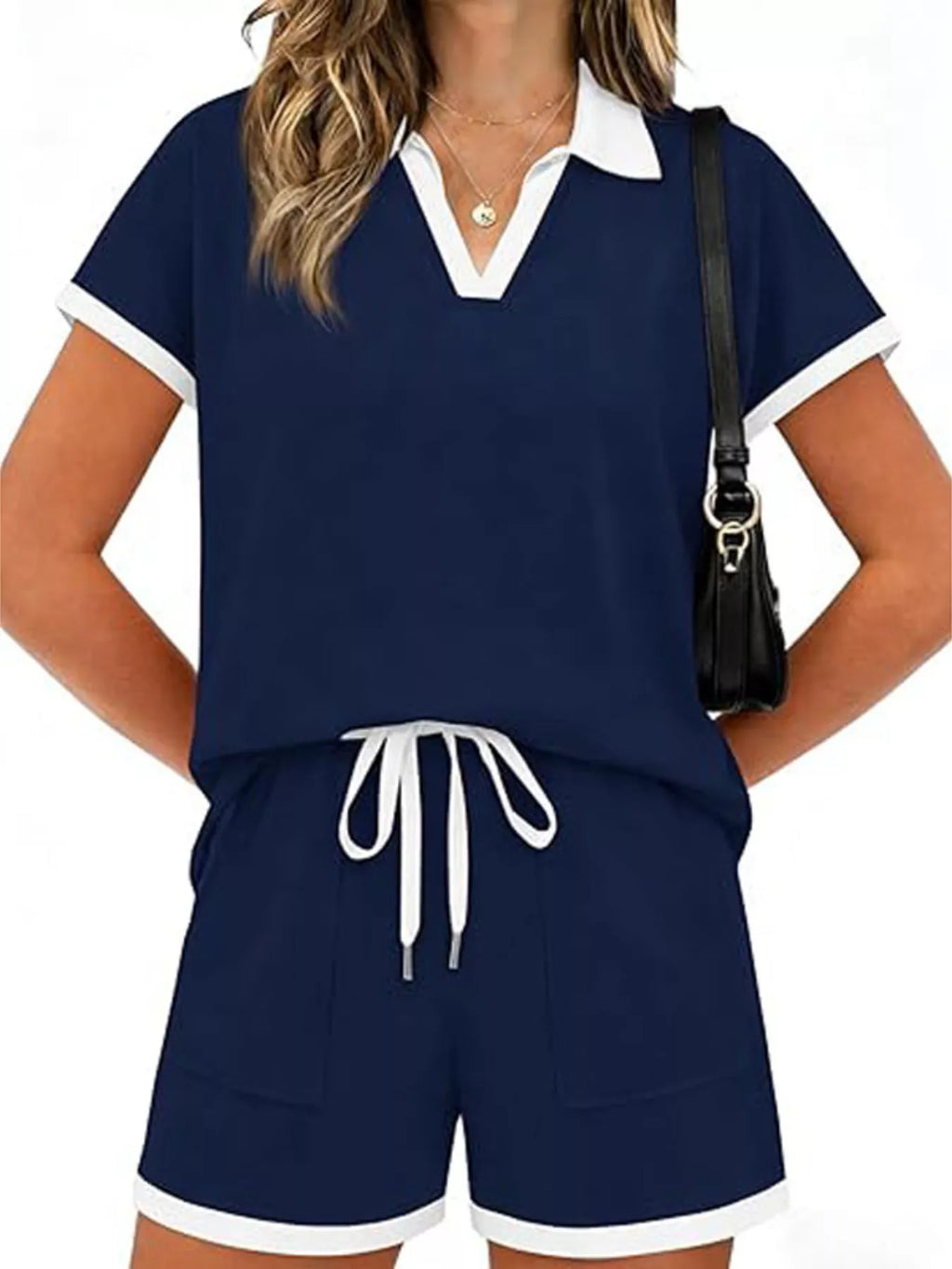 Polo Collar Short Sleeve Top Shorts Set (3)