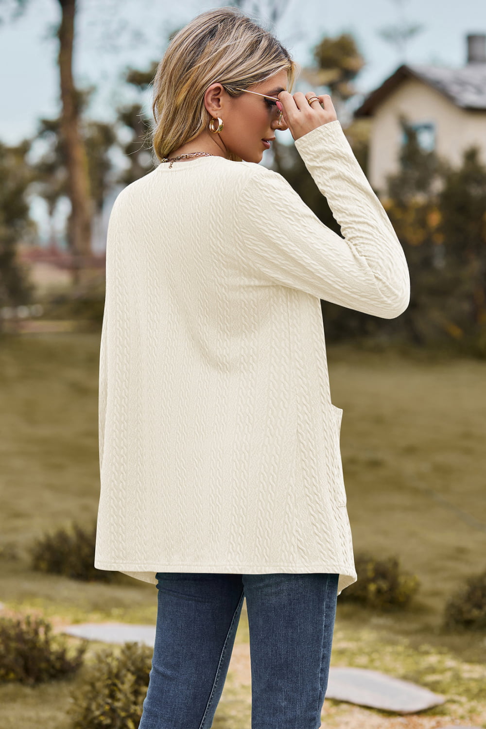 Cable-knit Long Sleeve Cardigan Pocket (17)