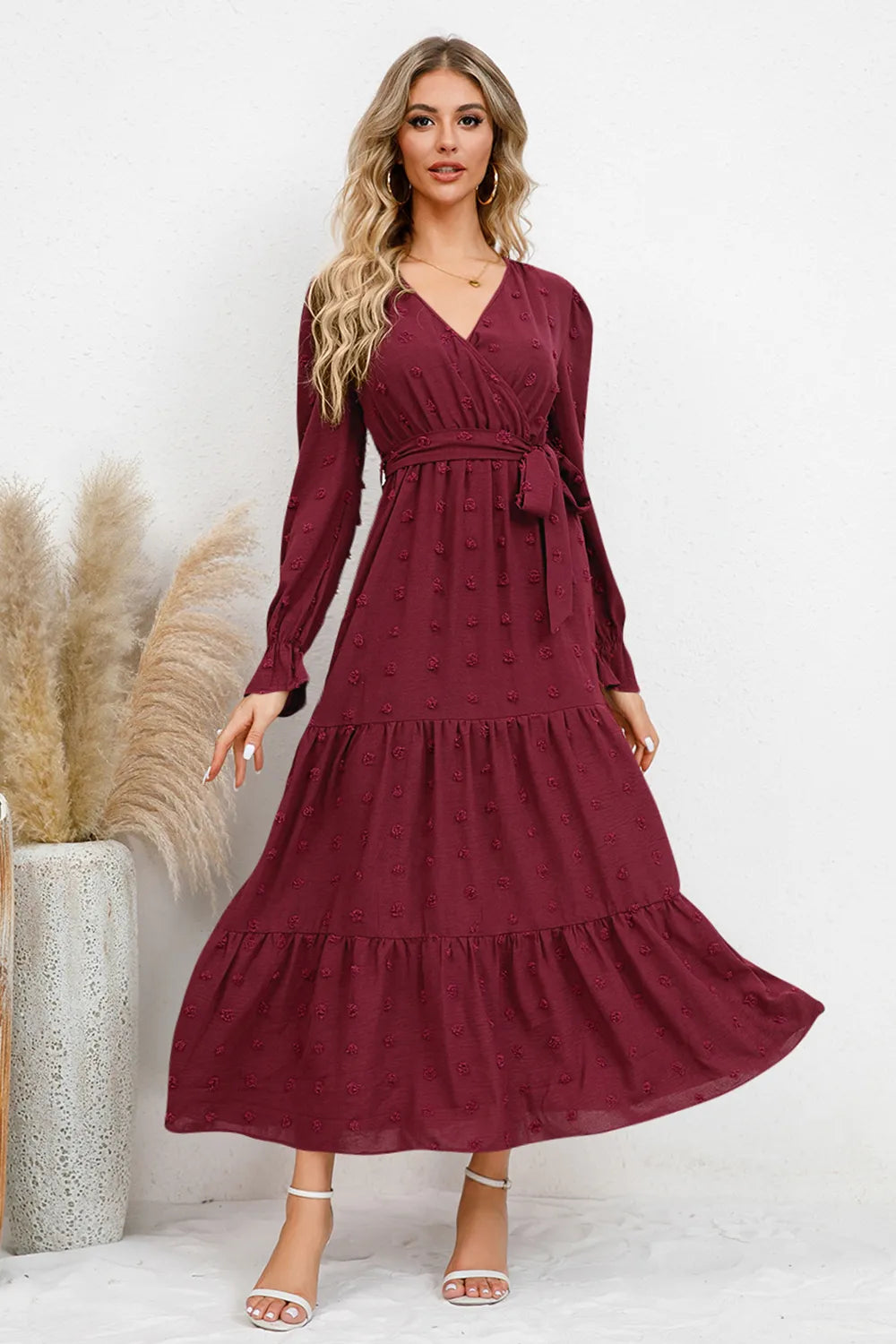 Swiss Dot Tied Surplice Flounce Sleeve Dress (6)