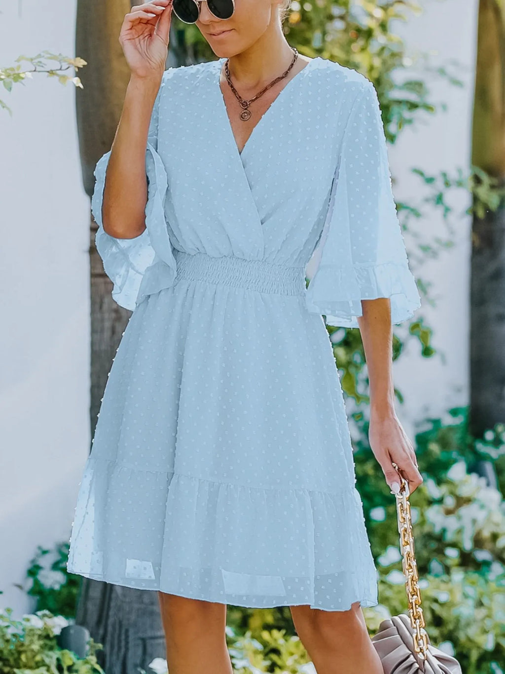 Swiss Dot Flare Sleeve Wrap Mini Dress (3)