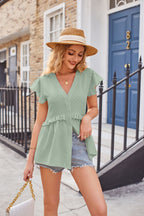 Buttoned V-neck Ruffle Trim Top (3)
