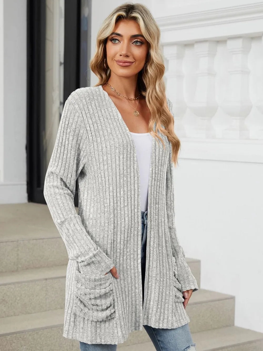 Pocketed Open Front Long Sleeve Cardigan (12)