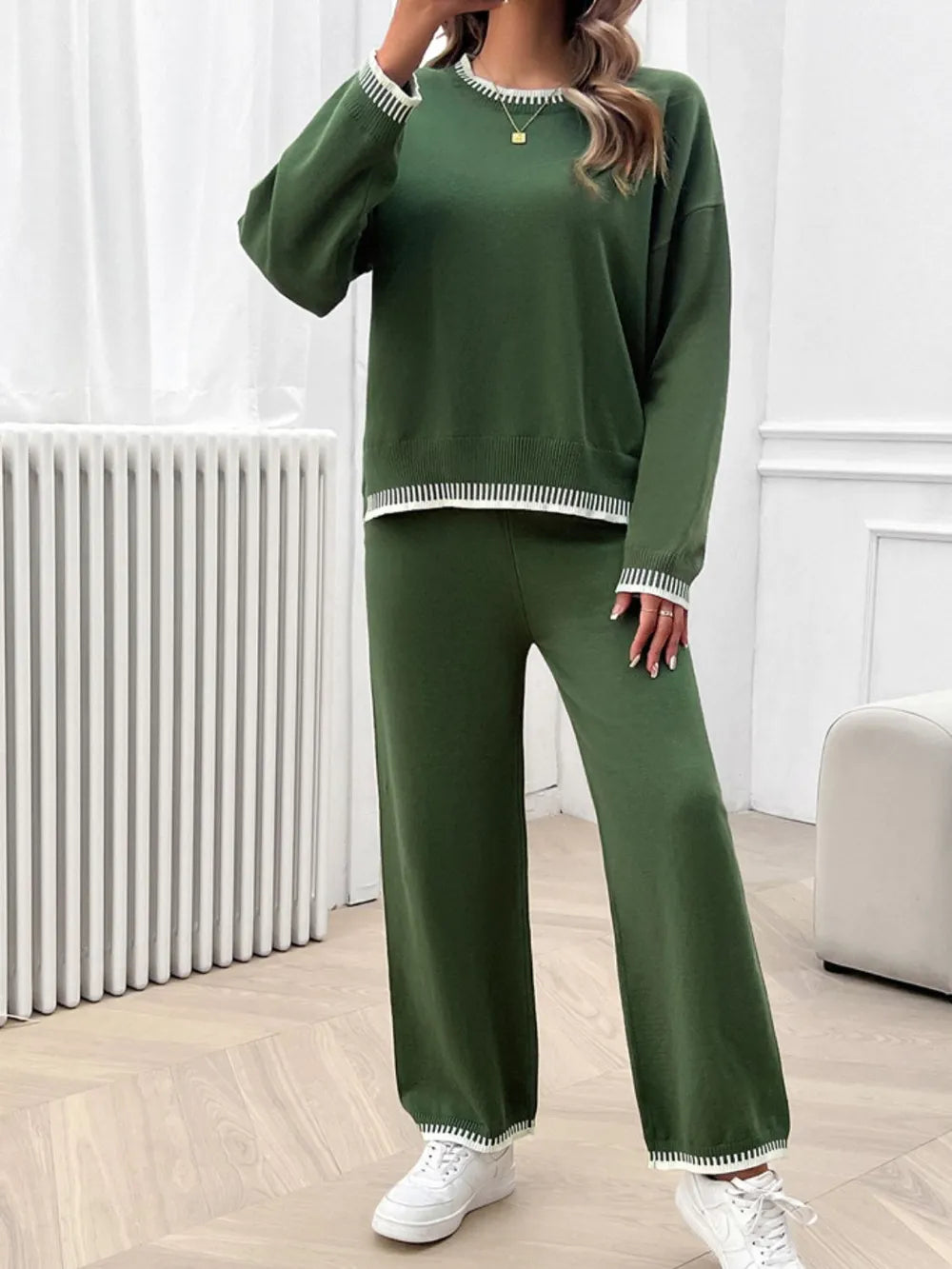 Round Neck Dropped Shoulder Top Pants Sweater Set (15)