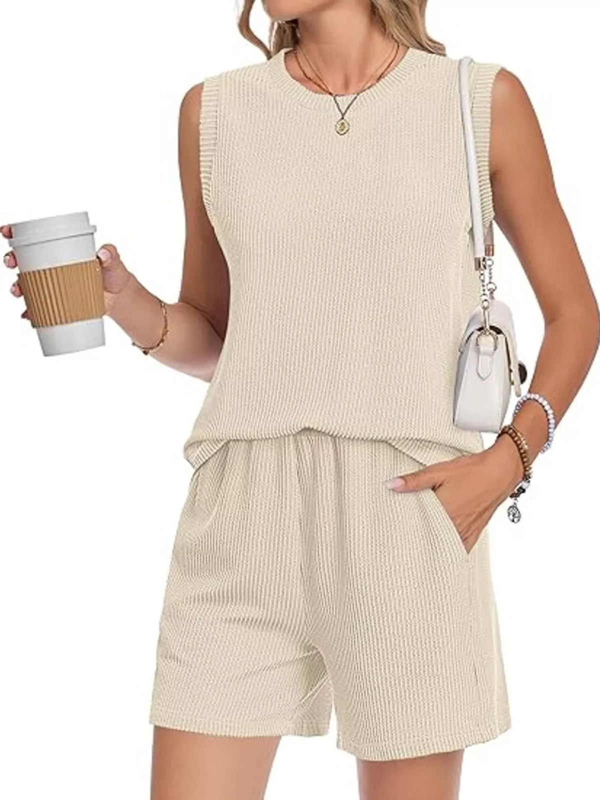 Casual Ribbed Knit Sleeveless Top Shorts Set (6)