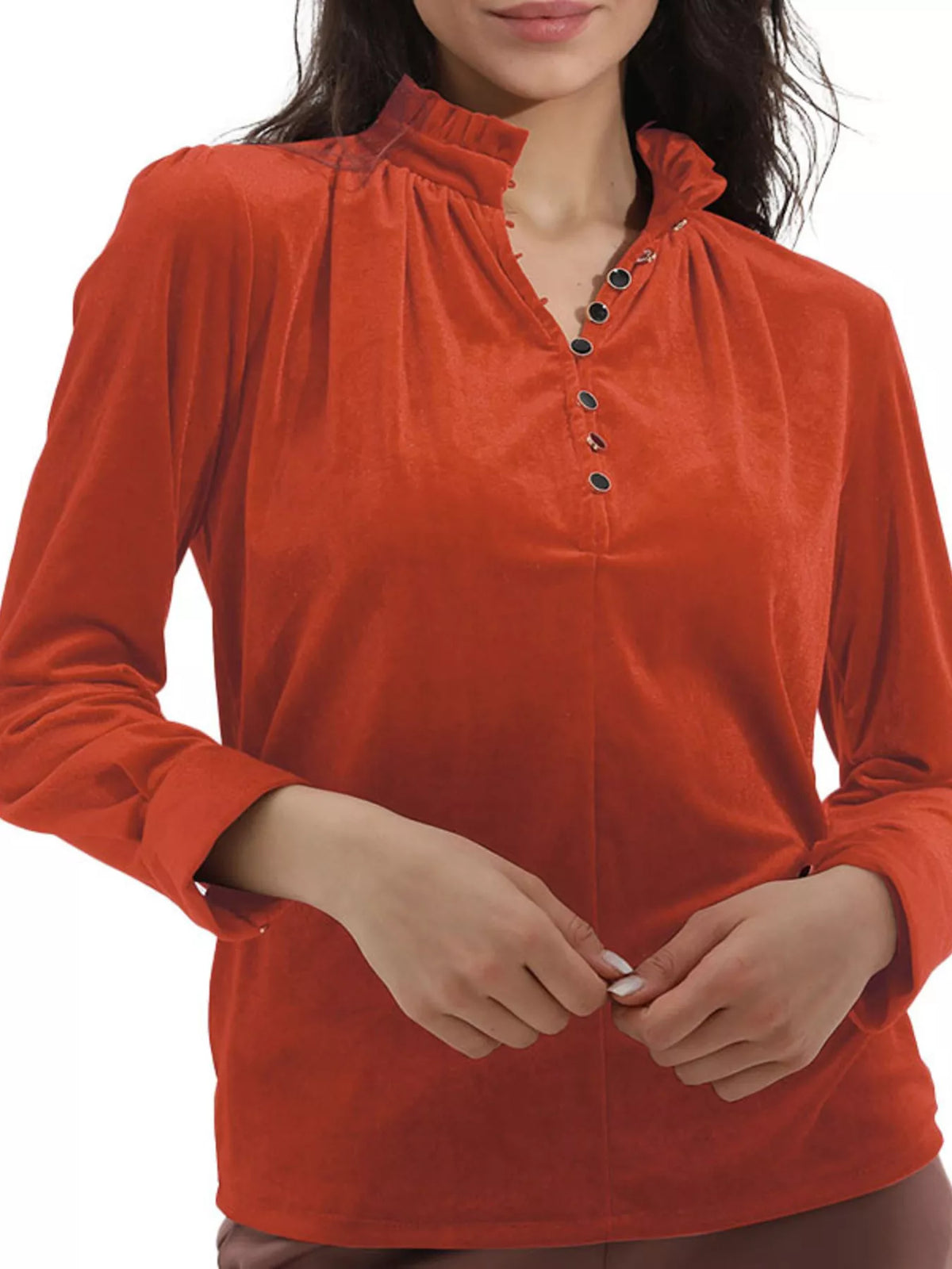 Elegant Velvet Ruffle Neck Blouse (10)